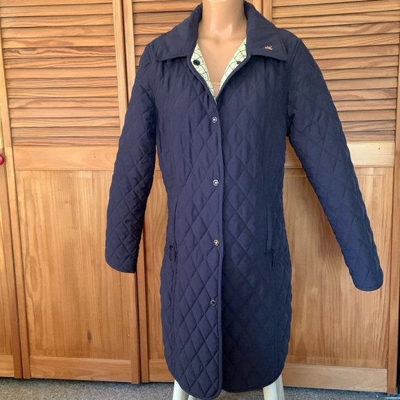 John Partridge English country coat long quilted navy blue yellow tattersall MED - Picture 1 of 16